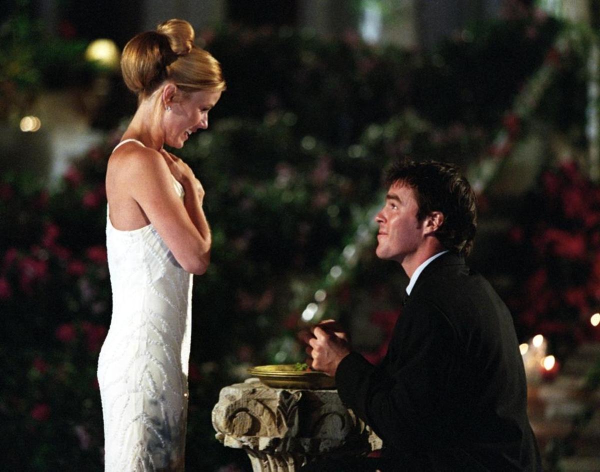 Former Carolina Panther Ryan Sutter (right, asking “Bachelorette” Trista Rehn to marry him) only played 10 seconds in the NFL. But he achieved a different sort of fame in the world of reality TV.