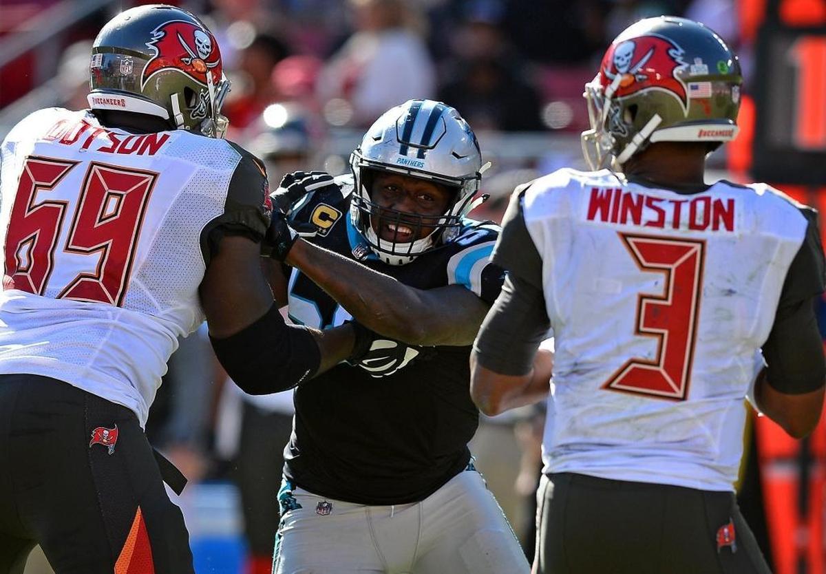 Tampa Bay quarterback Jameis Winston (3) won’t have to worry about Panthers linebacker Thomas Davis rushing him this time around – Davis will be serving a one-game suspension.