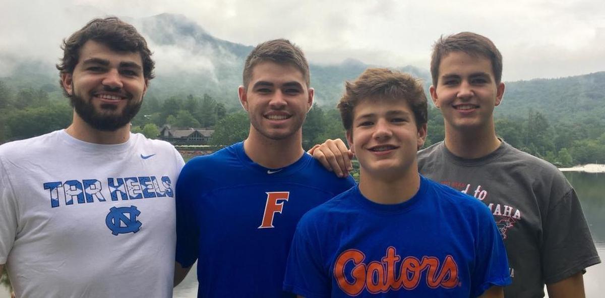 Luke Maye is the oldest of the four Maye brothers. From left to right: Luke, Cole, Drake and Beau Maye, in a photo from the summer of 2017. Drake Maye, the youngest brother, is now enrolled at UNC and will play quarterback, as his dad Mark once did for the Tar Heels.