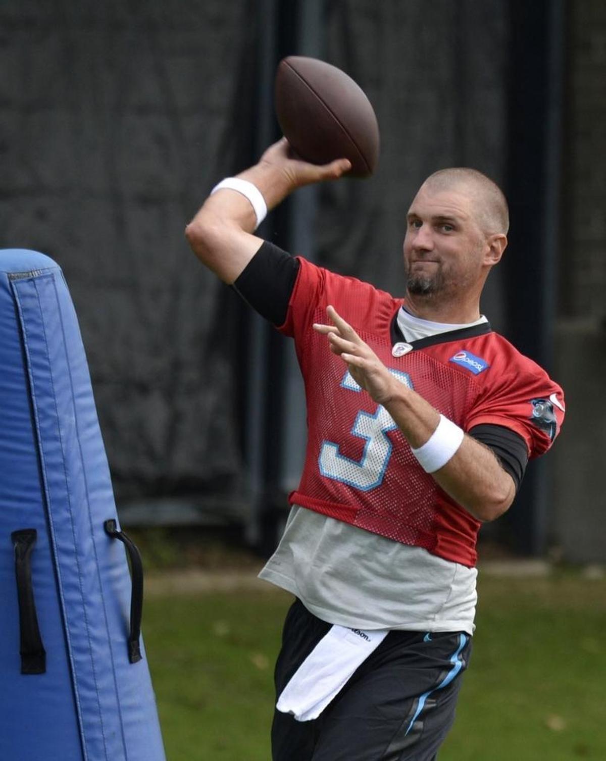 Panther quarterback Derek Anderson throws during a June practice. Anderson, 34, enters his 13th NFL season in 2017 and his seventh with Carolina as Cam Newton’s backup.