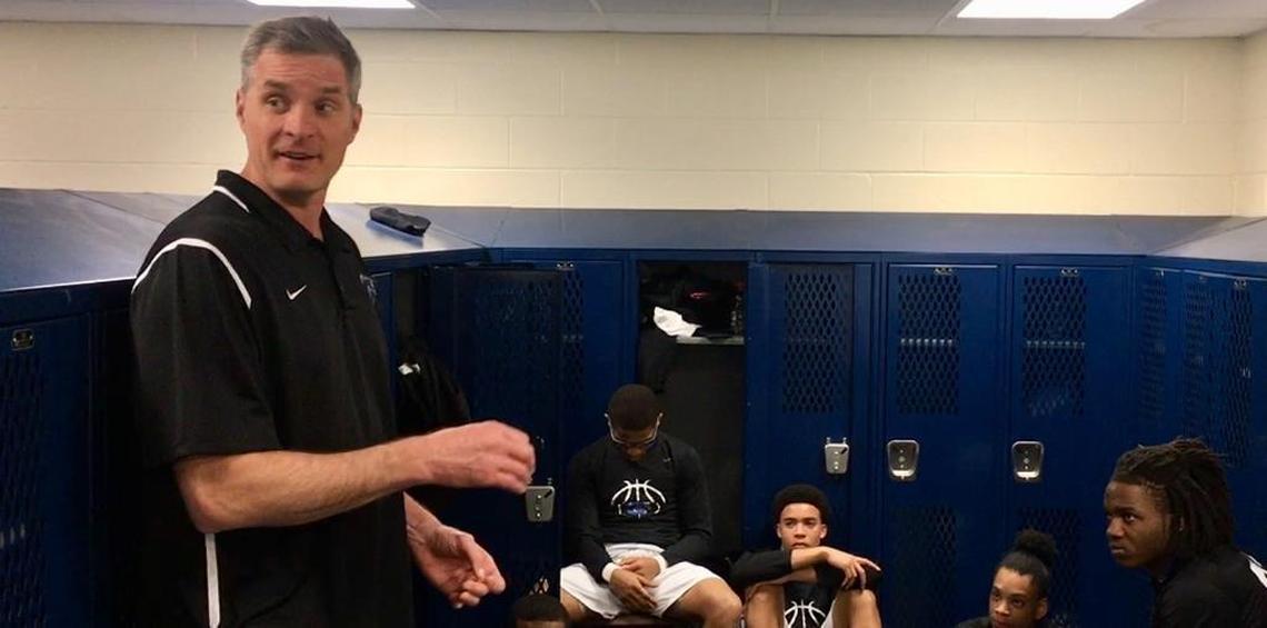 Former Duke star Christian Laettner talks to the Garinger high basketball team in 2018. Laettner came to Charlotte for a week to help coach Garinger for a documentary now airing on OlympicChannel.com.