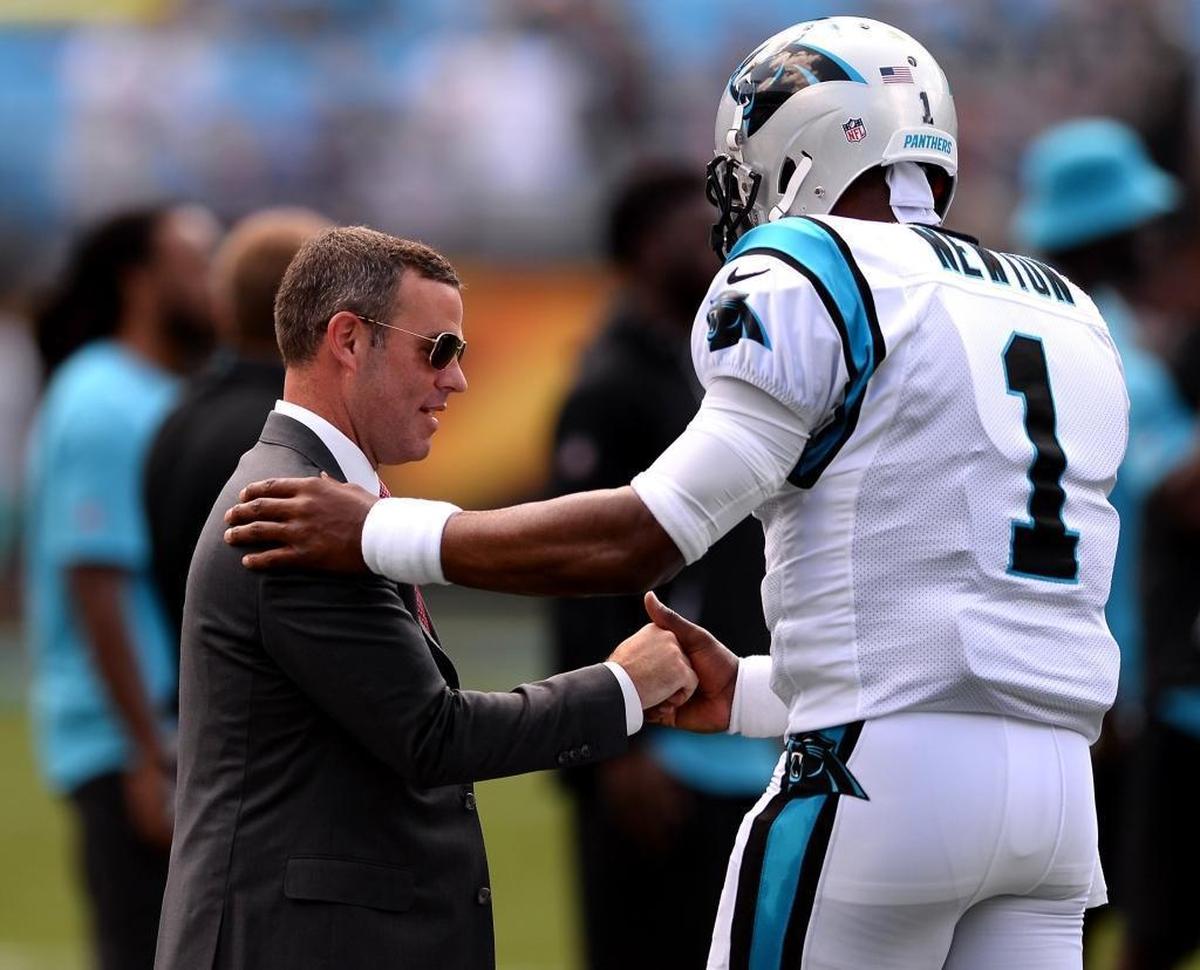 Buffalo Bills general manager Brandon Beane shook hands with Panthers quarterback Cam Newton in September. Beane took away one of Newton’s favorite targets and closest friends on the team Tuesday when he acquired Kelvin Benjamin in a trade with Carolina.