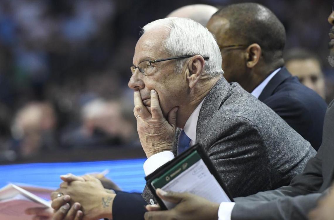 North Carolina Tar Heels head coach Roy Williams watches his players lose to Texas A&M during Sunday’s second-round NCAA tournament game at the Spectrum Center.