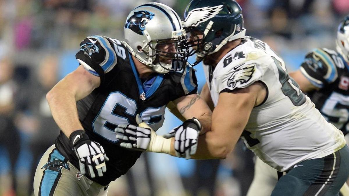 Carolina Panthers defensive end Jared Allen (69) works against Philadelphia Eagles offensive lineman Matt Tobin (64) in the fourth quarter at Bank of America Stadium on Sunday. The Panthers won 27-16.