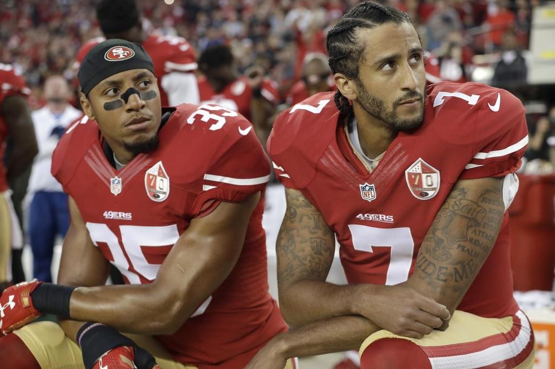 Free agent safety Eric Reid, left, is better at his job than quarterback Colin Kaepernick is at his. Neither has a job in the NFL.