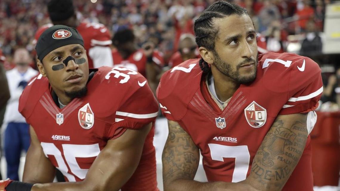 Free agent safety Eric Reid, left, is better at his job than quarterback Colin Kaepernick is at his. Neither has a job in the NFL.