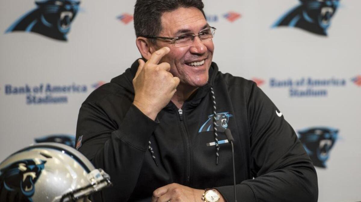 Carolina Panthers head coach Ron Rivera speaks at a pre-draft press conference at Bank of America Stadium on April 24, 2018.