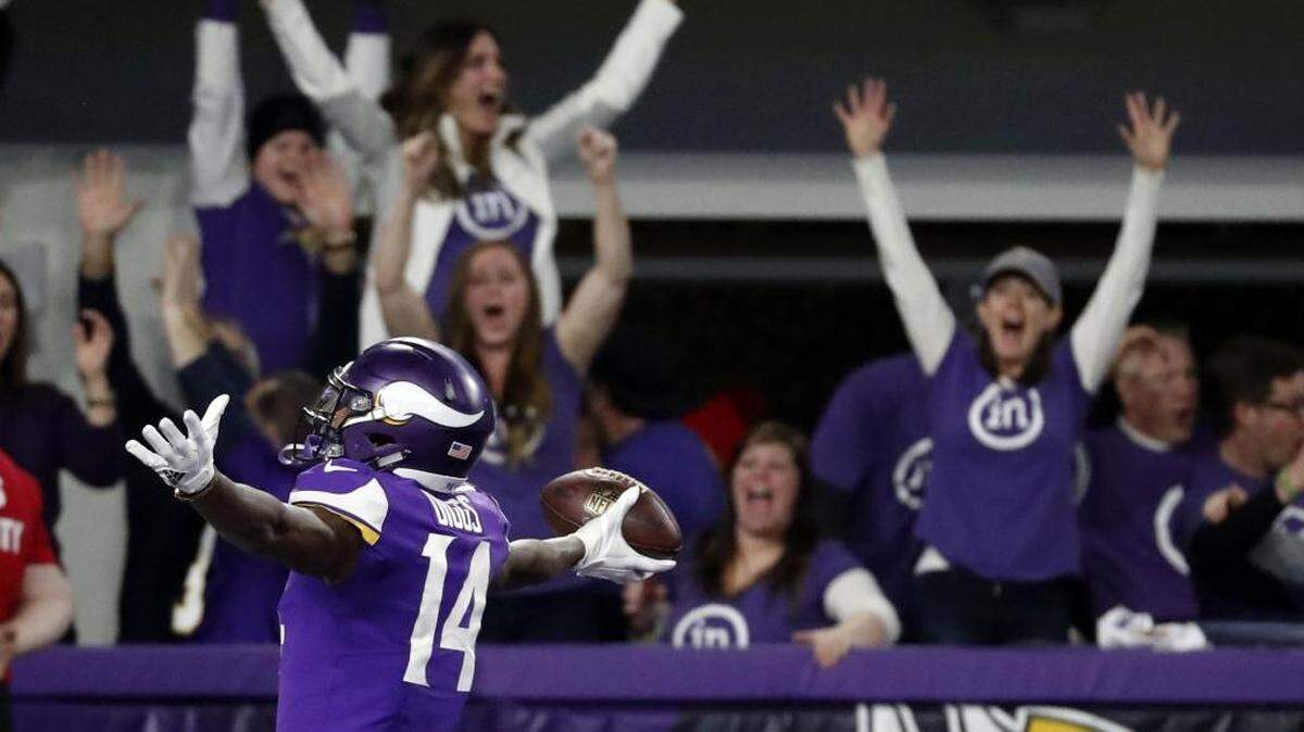 The game of the week and the playoffs and the season took place in Minneapolis. Above, Minnesota Vikings wide receiver Stefon Diggs (14) celebrates after a making the 61-yard game-winning touchdown against the New Orleans Saints in Sunday’s playoff game.