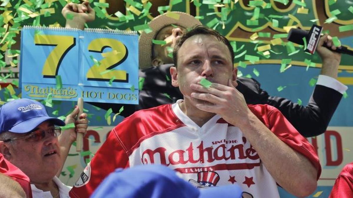 Joey Chestnut wins the Nathan’s Annual Famous International Hot Dog Eating Contest, marking his 10th victory in the event, on Tuesday. Chestnut ate a record 72 hot dogs in 10 minutes. Burp.