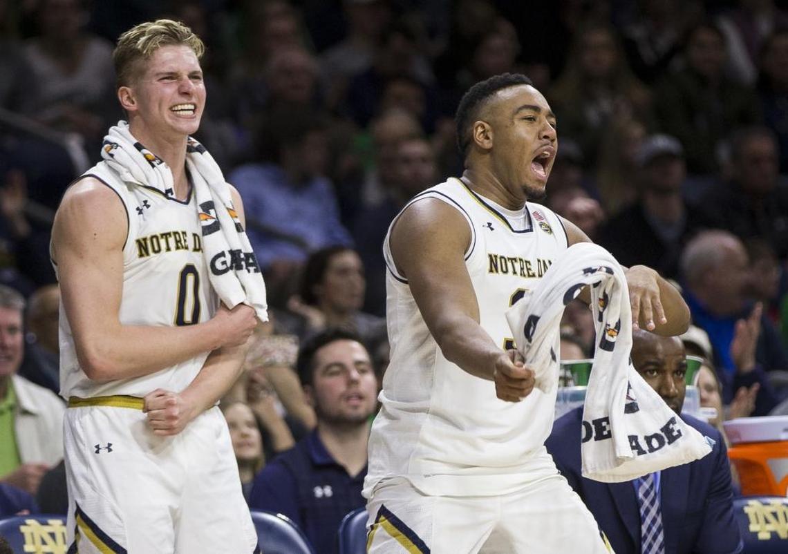 Notre Dame stumbled this season without injured star Bonzie Colson, right. Going into the ACC men’s basketball tournament, the Fighting Irish were 6-9 when he didn’t play, 12-4 when he did.
