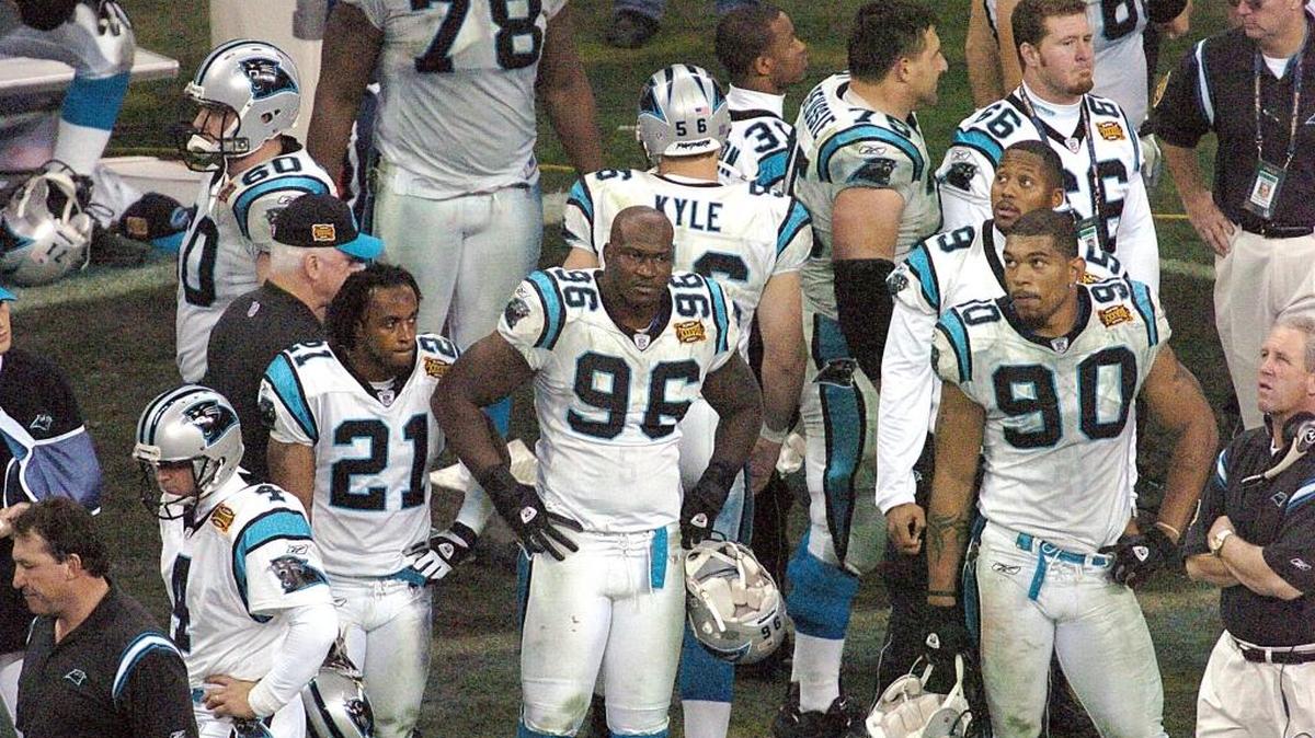 The Carolina bench looks on from the sidelines during the final moments of the New England Patriots’ 32-29 victory over the Panthers in Super Bowl XXXVIII at Reliant Stadium in Houston on Feb. 1, 2004.