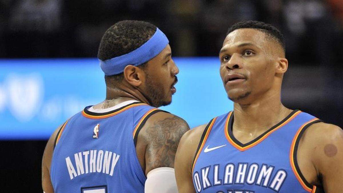 The Oklahoma City Thunder seem to be moving in the wrong direction since acquiring forward Carmelo Anthony, left, to play with Russell Westbrook and Paul George.
