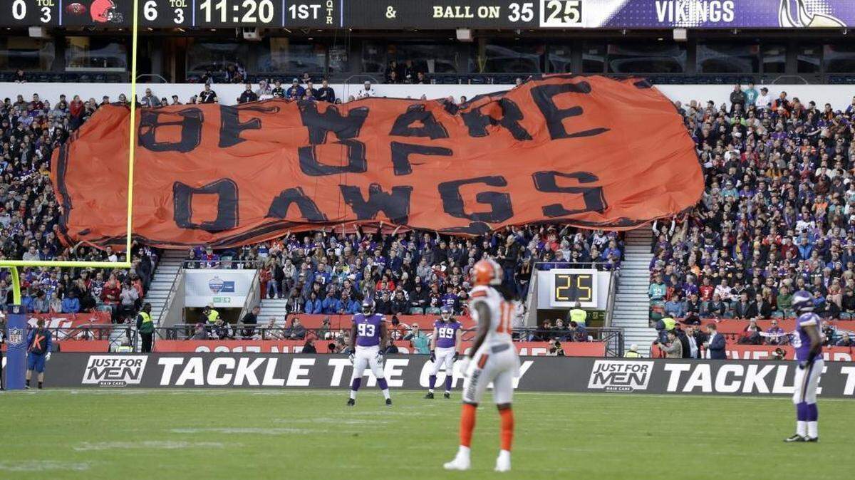 Cleveland Browns fans unfurl a banner during Sunday’s game against the Minnesota Vikings at Twickenham Stadium in London. It didn’t help; the Browns lost 33-16. The 0-8 Browns have a bye this week.