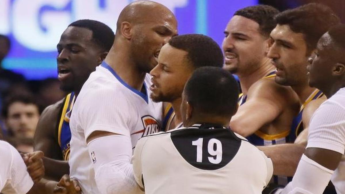 Golden State Warriors guard Stephen Curry (behind official) was involved in a scuffle on Monday with a player he might never have heard of before.