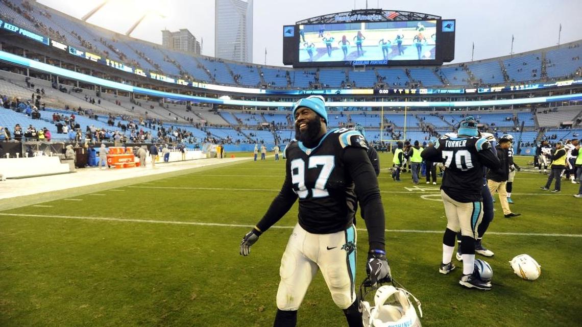 Carolina Panthers defensive end Mario Addison (97) leads the team in sacks, but he’s fast enough to make an impact elsewhere. Like, on offense.