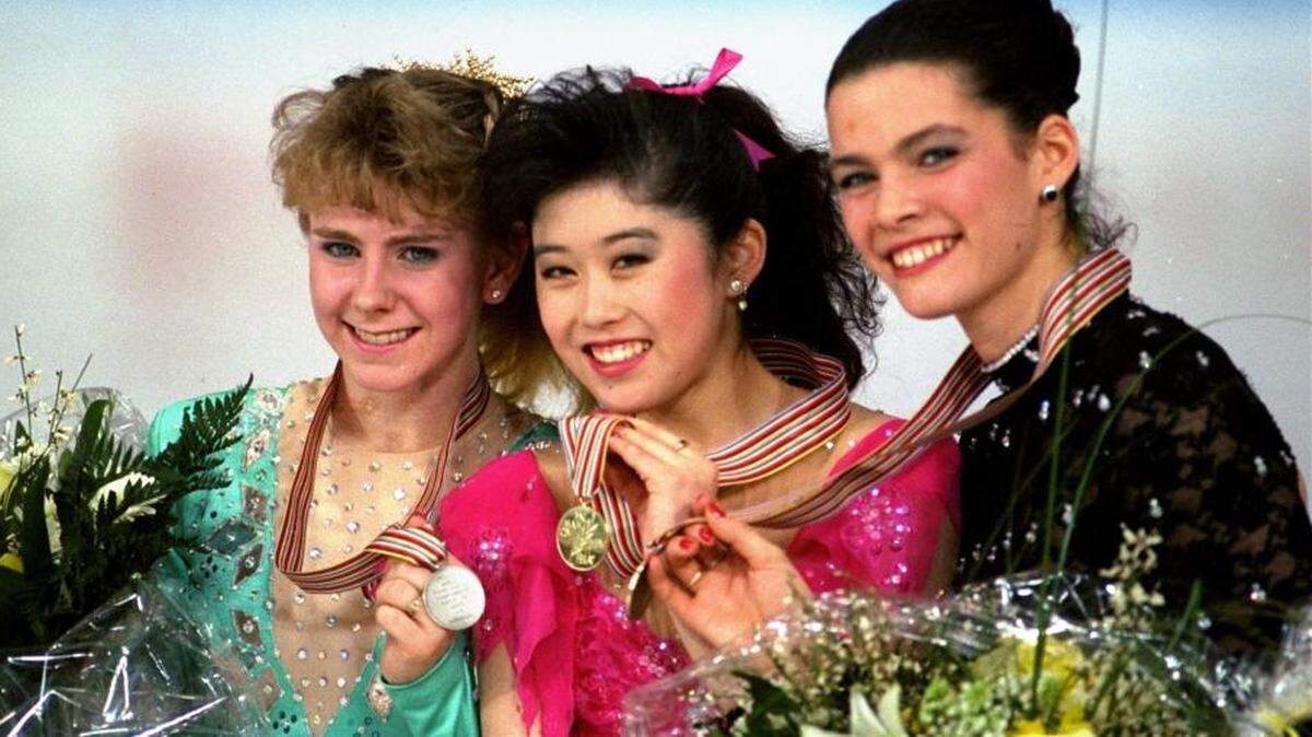 A figure skater, Tonya Harding, left, was never an ice princess. In this March 12, 1991, file photo, American skaters, from left, Harding, silver; Kristi Yamaguchi, gold; and Nancy Kerrigan, bronze, display their medals after the finals of the World Figure Skating Championships in Munich.