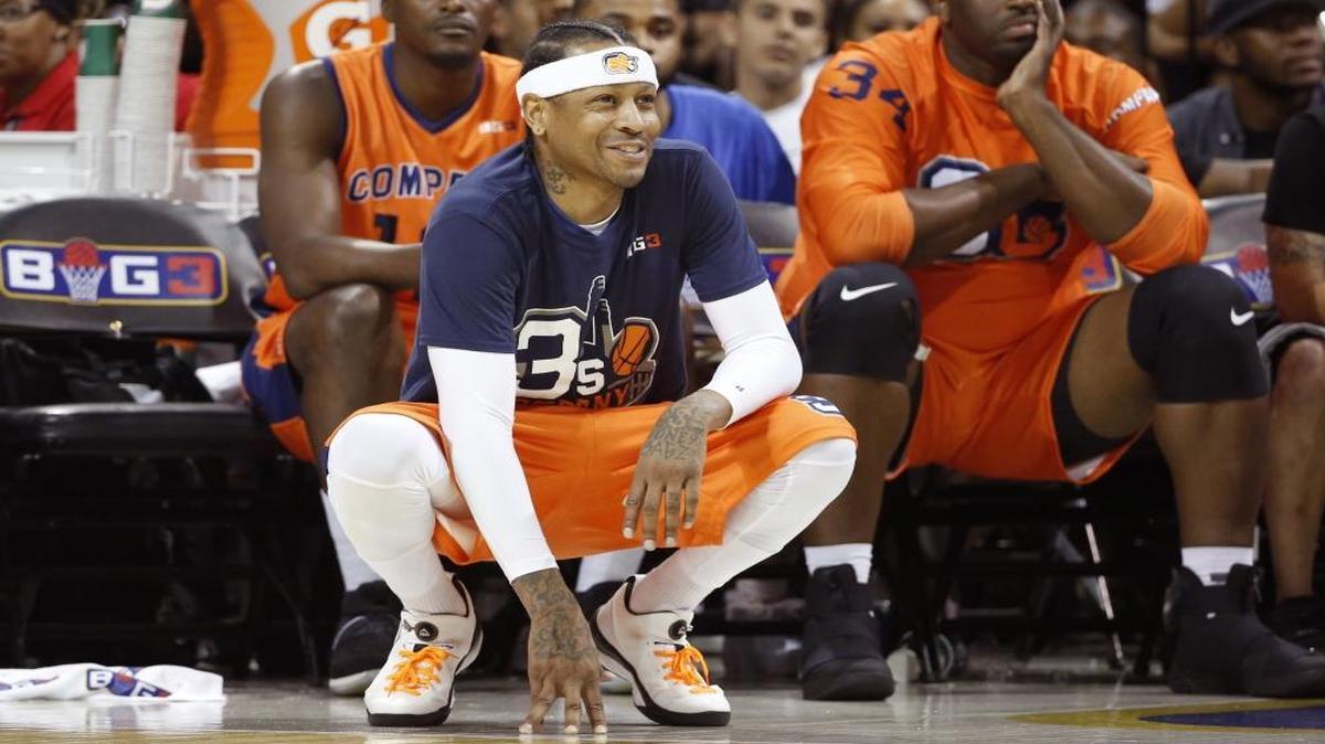3’s Company player/captain and coach Allen Iverson, center, kneels on the sideline during the first half of Game 3 in the BIG3 Basketball League debut on Sunday at the Barclays Center in New York.