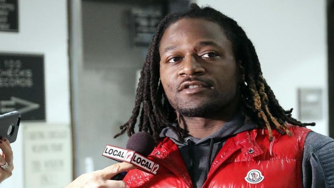 Cincinnati Bengals NFL player Adam “Pacman” Jones speaks to reporters as he is released from the Hamilton County Justice Center in Cincinnati. Jones faces three misdemeanor charges, including assault, but no longer is charged with a felony for a January confrontation, Hamilton County Prosecutor Joe Deters announced on March 22.