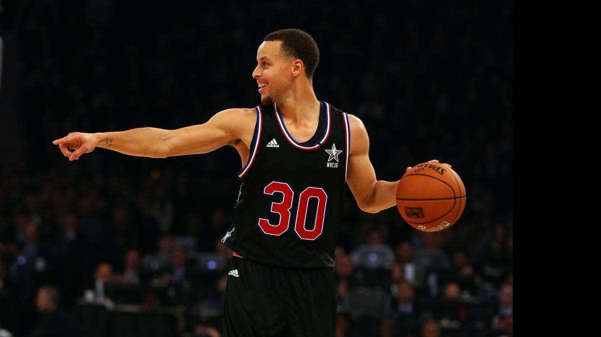 
Stephen Curry #30 of the Golden State Warriors and the Western Conference points during the 2015 NBA All-Star Game at Madison Square Garden on February 15, 2015 in New York City. 

