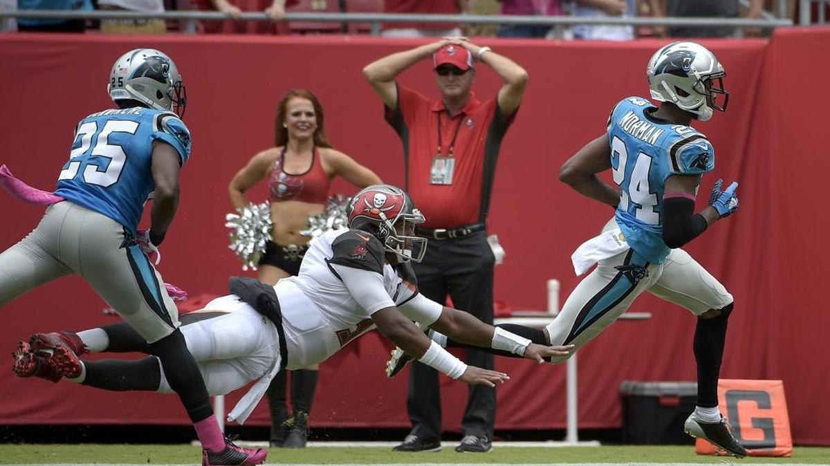 
Carolina Panthers cornerback Josh Norman (24) has twice been fined $8,681 after an interception for a touchdown. Hey, at least his celebration is original. 
