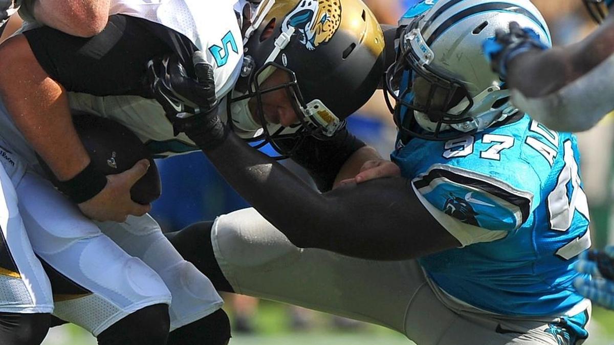 
Carolina Panthers defensive end Mario Addison sacks Jacksonville Jaguars quarterback Blake Bortles at EverBank Field in Jacksonville, Fla., on Sunday, one of his two sacks on the day. 
