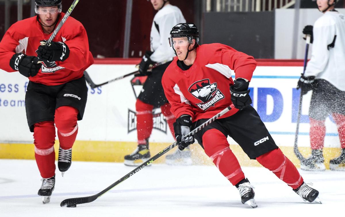 Checkers Riley Nash controls the puck during Charlotte Checkers practice in Charlotte N.C., on Wednesday, October 12, 2022.