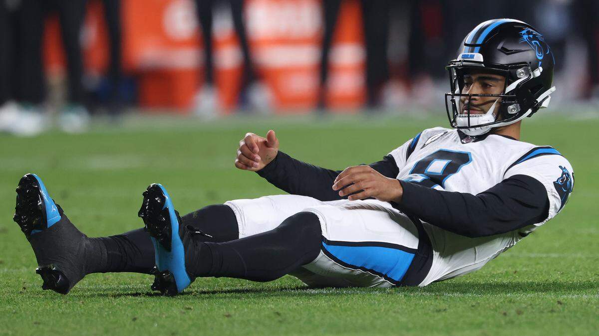 Carolina Panthers quarterback Bryce Young looks on after being pressured in the third quarter of the game against the San Francisco 49ers at Levi's Stadium on November 24, 2025 in Santa Clara, California.