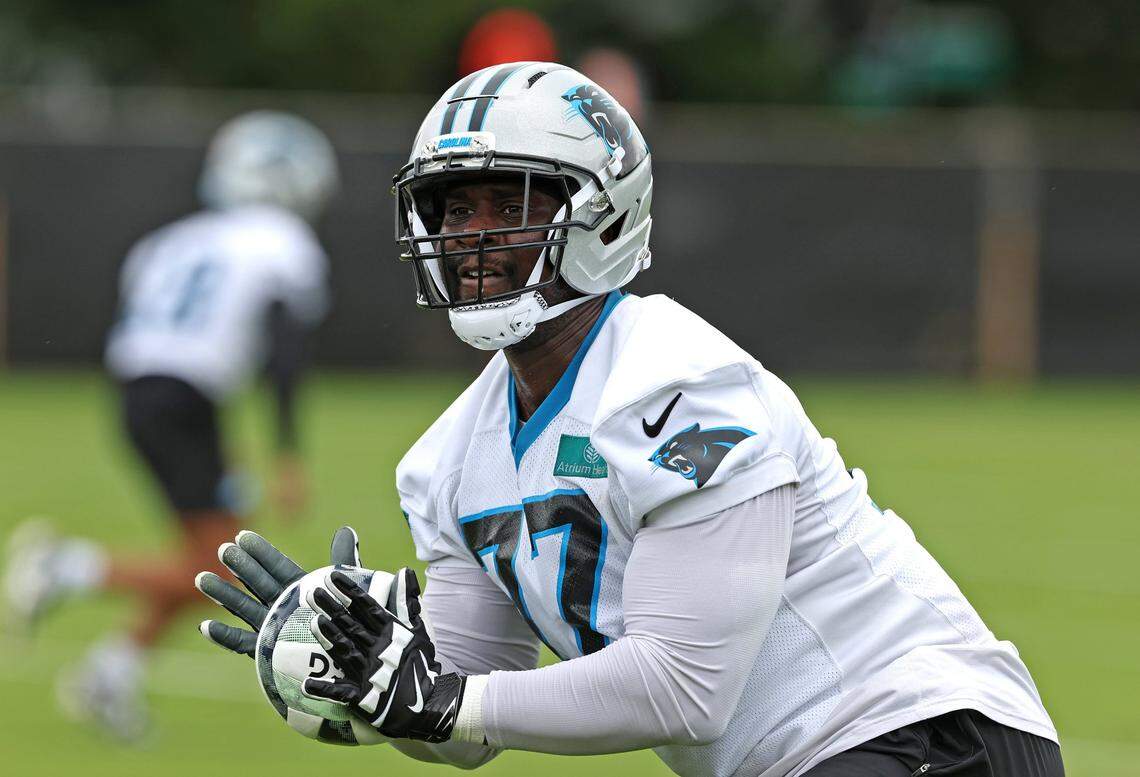 Carolina Panthers tackle Yosh Nijman in a 2025 practice.