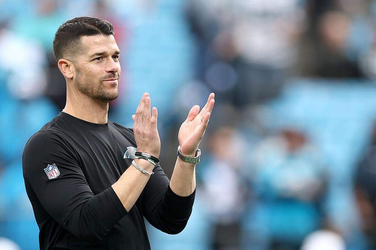 Head coach Dave Canales of the Carolina Panthers looks on prior to the NFC Wild Card Playoff game against the Los Angeles Rams at Bank of America Stadium on January 10, 2026 in Charlotte, North Carolina.
