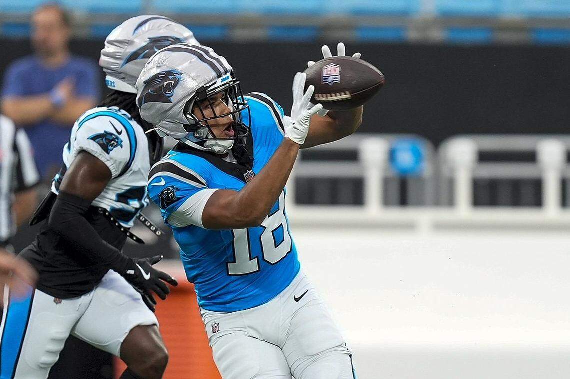 Aug 2, 2025; Charlottle, NC, USA; Carolina Panthers wide receiver Jalen Coker (18) makes a catch during Fanfest at Bank of America Stadium. Mandatory Credit: Jim Dedmon-Imagn Images