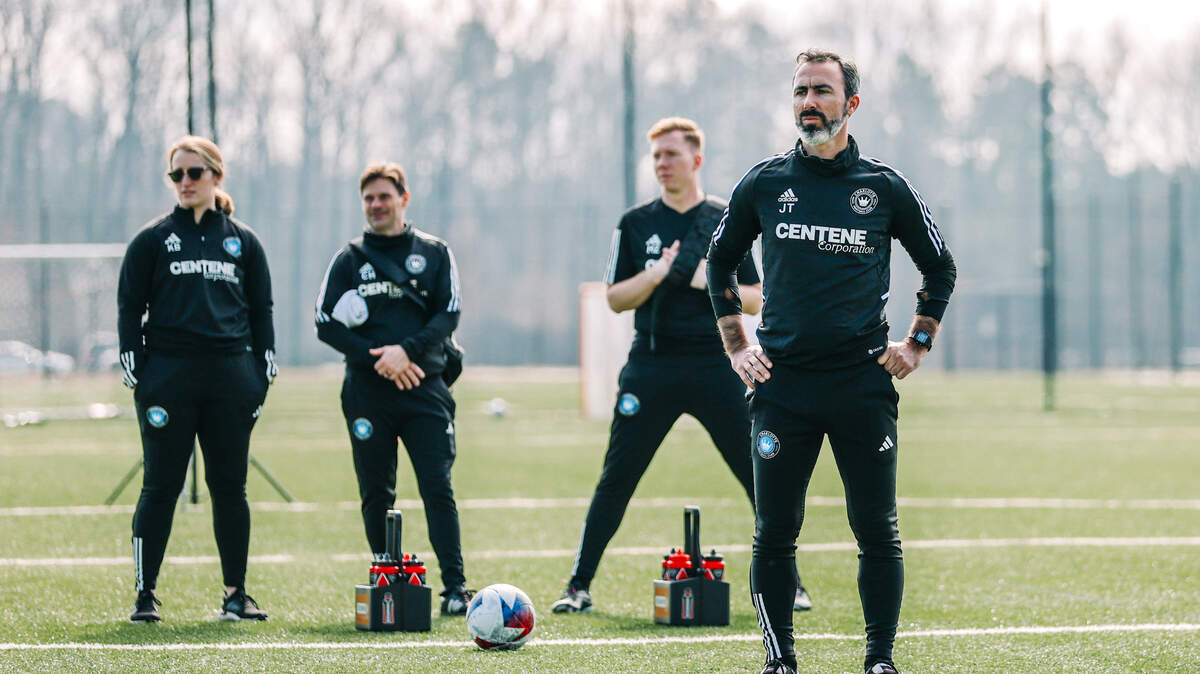 José Tavares (right front) is the first head coach of Crown Legacy, Charlotte FC’s MLS NEXT Pro team.