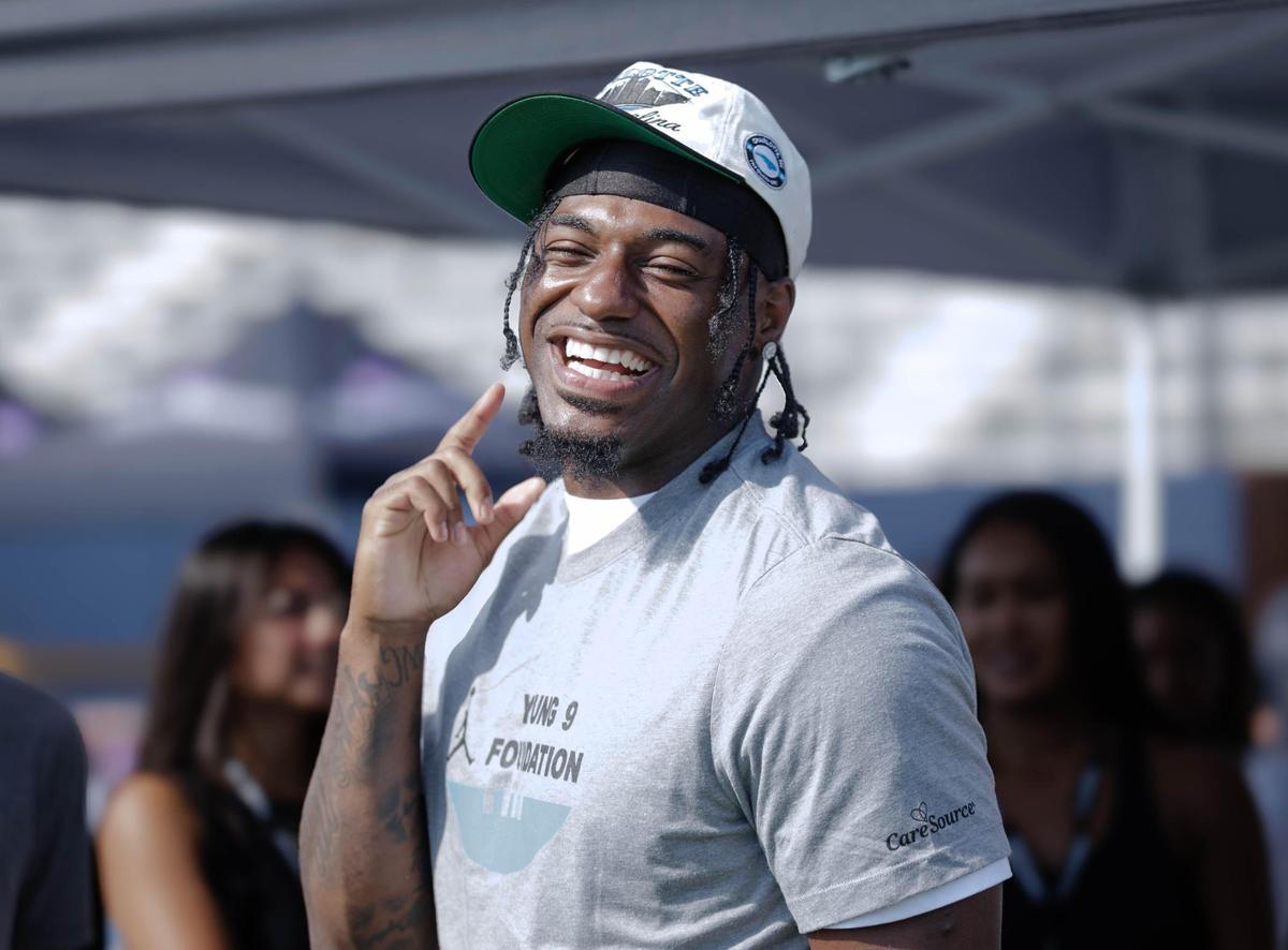 Carolina Panther wide receiver Xavier Legette (center) joined his fellow teammate Bryce Young in leading over 300 campers at the Caresource Bryce Young Football ProCamp hosted at Johnson C. Smith University Saturday, June 7, 2025.