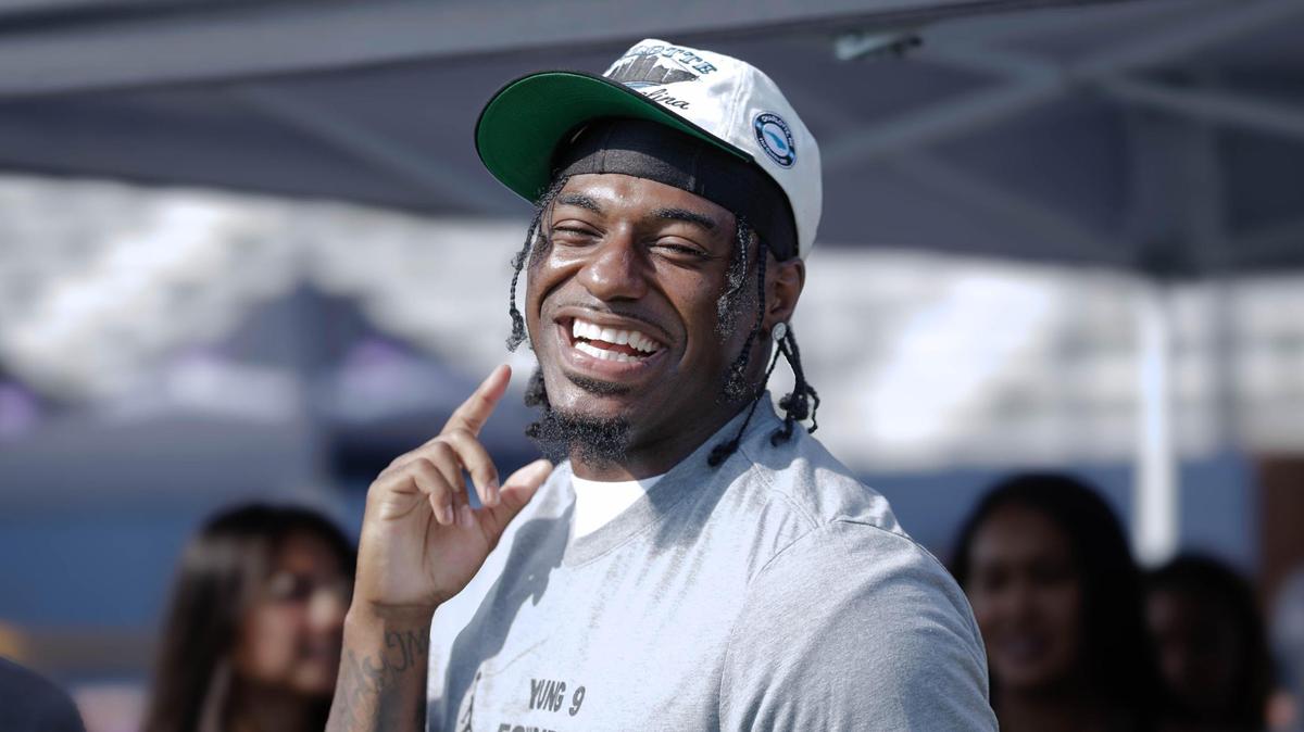 Carolina Panther wide receiver Xavier Legette (center) joined his fellow teammate Bryce Young in leading over 300 campers at the Caresource Bryce Young Football ProCamp hosted at Johnson C. Smith University Saturday, June 7, 2025.