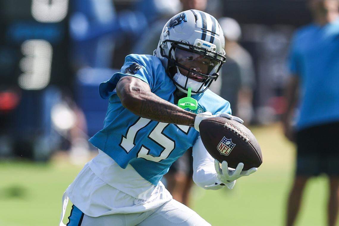 Panthers wide receiver Jimmy Horn, Jr. catches a pass during training camp in Charlotte, NC on Tuesday, July 29, 2025.