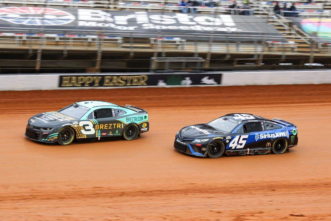 Apr 8, 2023; Bristol, Tennessee, USA; NASCAR Cup Series driver Austin Dillon (3) and driver Tyler Reddick (45) during the heat race qualifying at Bristol Motor Speedway Dirt Course. Mandatory Credit: Randy Sartin-USA TODAY Sports