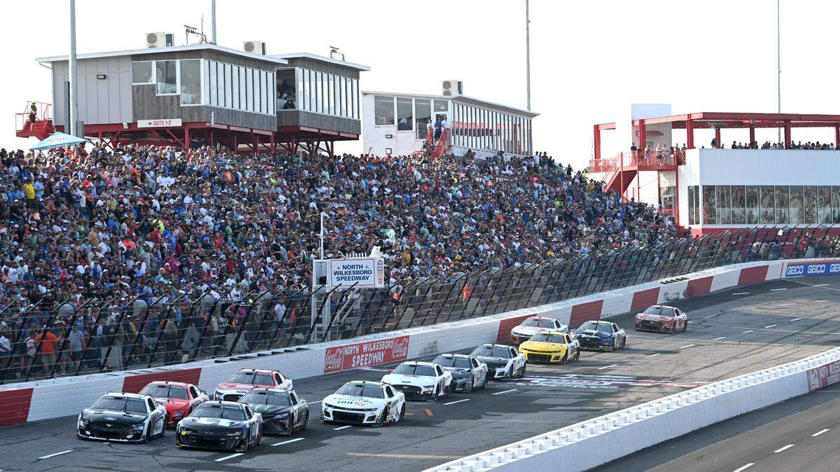 NASCAR drivers head into Turn 1 at North Wilkesboro Speedway during the All-Star Open race on Sunday, May 21, 2023. Josh Berry won the race.