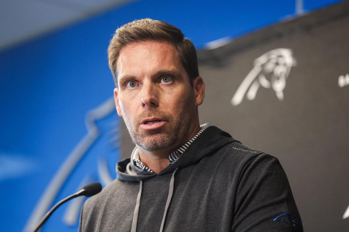 Carolina Panthers general manager Dan Morgan speaks to media during veteran report day for training camp on July 22, 2025, at Bank of America Stadium.