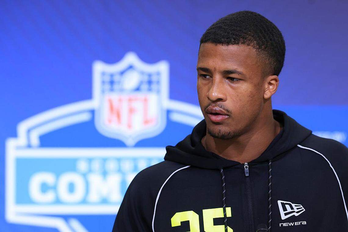 Sonny Styles of the Ohio State Buckeyes speaks to the media during the NFL Scouting Combine at Lucas Oil Stadium on Feb, 25, 2026, in Indianapolis.