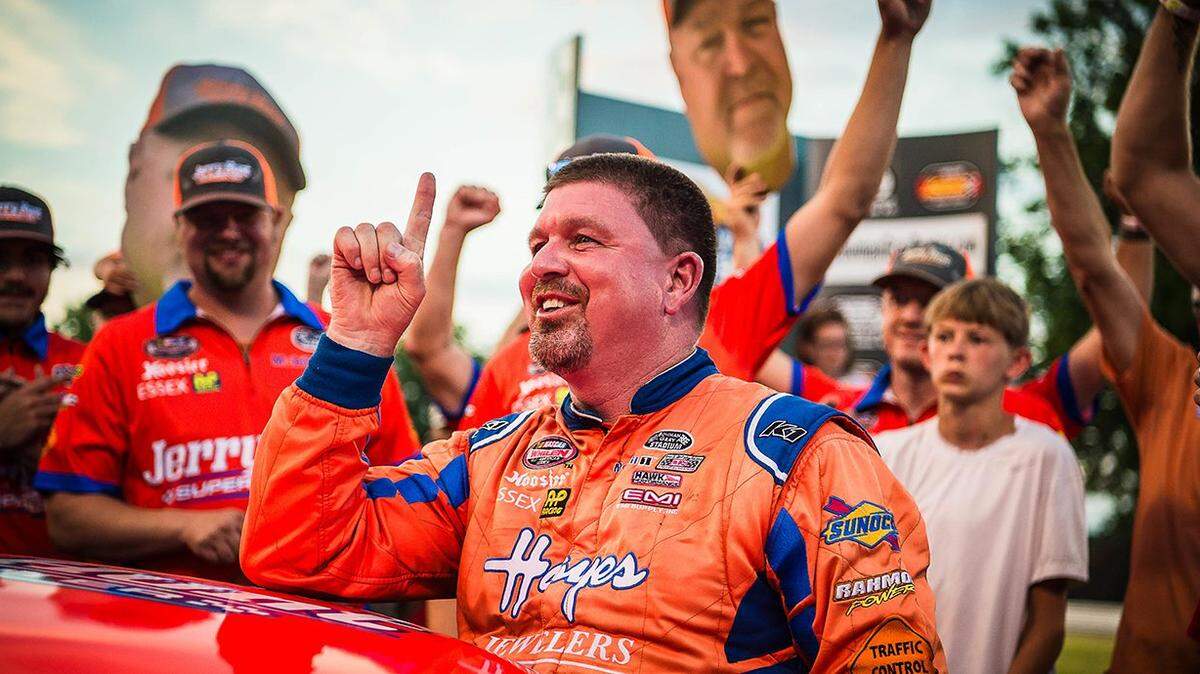 Tim Brown celebrates one of his 101 race wins at Bowman Gray Stadium in Winston-Salem. The 53-year-old driver will make his NASCAR Cup Series debut at The Clash at Bowman Gray on Sunday, February 2, 2025.