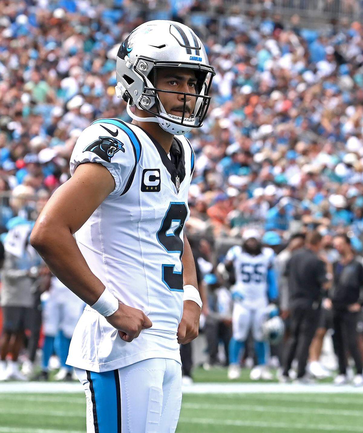 Carolina Panthers Bryce Young waits for action to resume on Sunday, October 5, 2025 at Bank of America Stadium in Charlotte, NC. The Panthers defeated the Miami Dolphins 27-24.