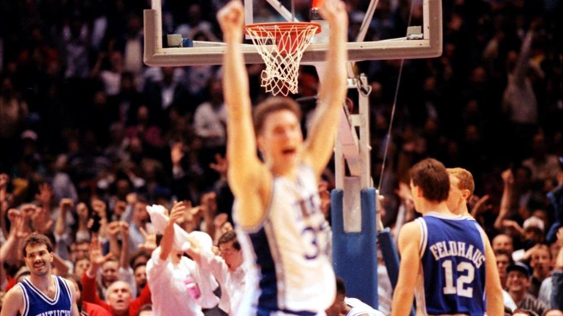 Duke's Christian Laettner celebrates hitting the game-winning shot during the Kentucky Duke game March 28, 1992. Photo by Janet Worne | staff