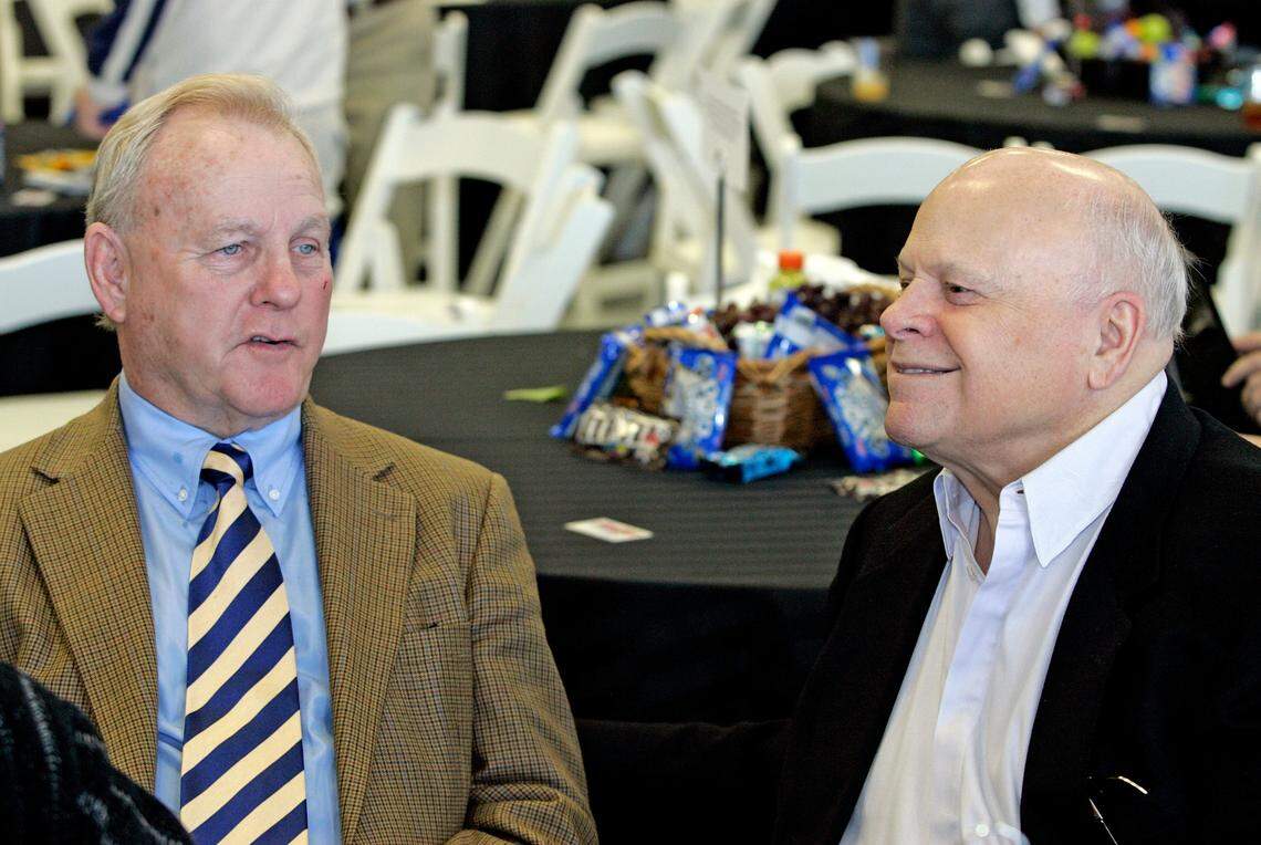 Humpy Wheeler, left, and Bruton Smith speak at a 2007 NASCAR event in Charlotte, NC. The two worked together for 35 years, helping make NASCAR the giant it is today. Smith, who died June 22, 2022, was chairman and CEO of Speedway Motorsports Inc. Wheeler was president.