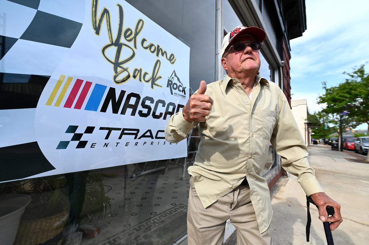 NASCAR fan Donnie Cobbler of Ellerbe, NC talks about how happy he is with the return of NASCAR to Rockingham Speedway in Rockingham, NC on Thursday, April 17, 2025. Cobbler attended Thunder Fest in downtown Rockingham on Thursday evening that featured former NASCAR drivers Kenny Wallace and Ken Schrader along with NASCAR Craftsman Truck Series and XFINITY Series drivers.