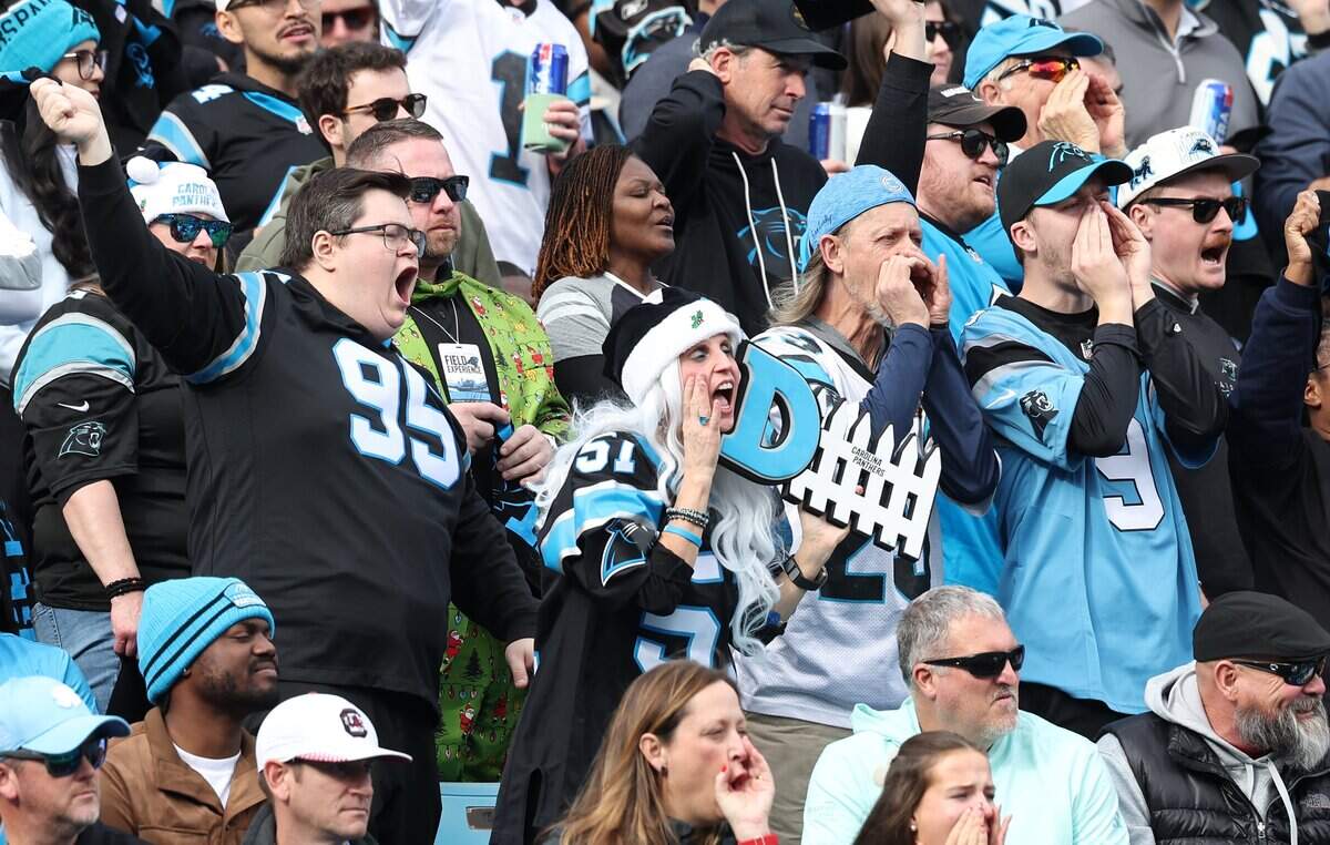 Carolina Panthers fans yell “defense” during the team’s game against the Tampa Bay Buccaneers on Sunday, Dec. 21, 2025, at Bank of America Stadium in Charlotte. The Panthers defeated the Buccaneers 23-20.